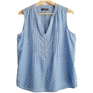 🍒 DENVER HAYES Sleeveless Split Neck Polka-Dot Blouse Top Blue & White Sz L